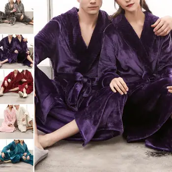

Women Men Winter Soft Solid Color Thick Warm Long Bath Robe Home Gown Sleepwear