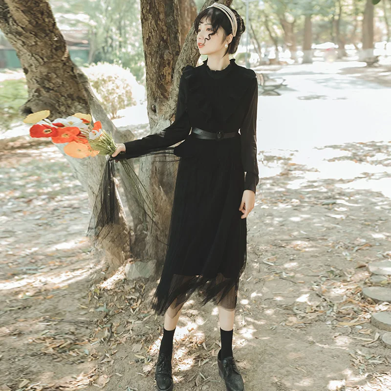 2019 Autumn Winter 2 Piece Sets Womens Outfits Black Full Sleeve Mid-calf Mesh Dress and Sweater Vest Sashes Suit | Женская одежда