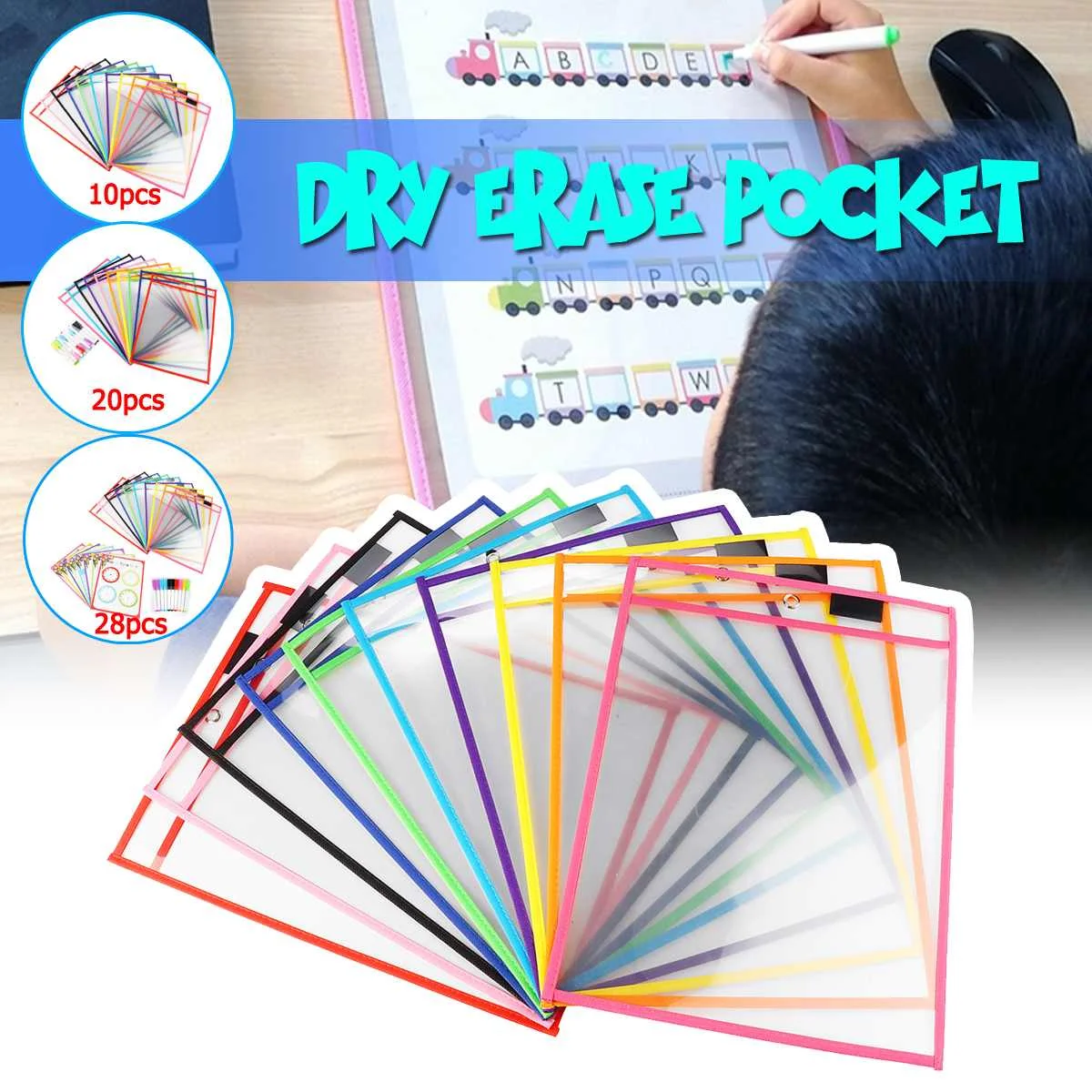 

KICUTE Environmental Dry Pocket Reusable With Pens For Students Kids Classroom Practice Tools School Teaching Supply 10/20/28pcs