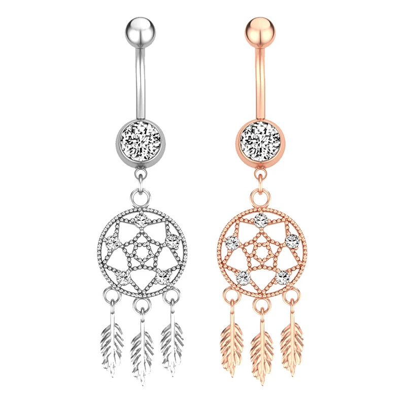 Atrapasueños para mujer, anillos para ombligo, acero inoxidable 316l, 14G, Piercing para ombligo, barra con incrustaciones de circonita, 1 corporal| - AliExpress