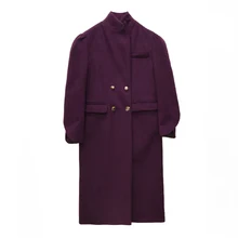 Женское шерстяное пальто из искусственного меха норки, с круглым вырезом, на пуговицах, с отложным воротником, с длинным рукавом, фиолетовое длинное зимнее пальто C0439