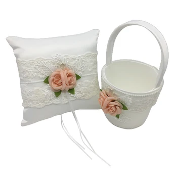 

Wedding Ring Pillow Flower Decorated Basket Bridal Wedding Ring Bearer Cushion