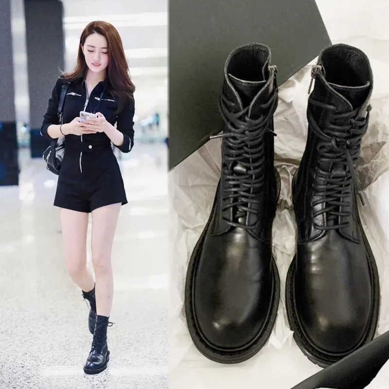 

Rock Shoes Woman Lolita Boots Lace Up Booties Ladies Low Heels booties Round Toe Martins Leather Rubber Mid Calf Riding Genuine