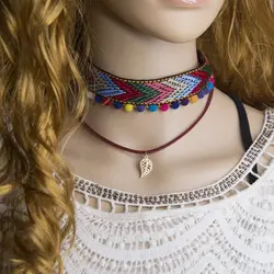Ожерелье-чокер ручной работы в богемном стиле, женская модная разноцветная вышивка, кружевное кожаное цветочное колье, винтажные ожерелья