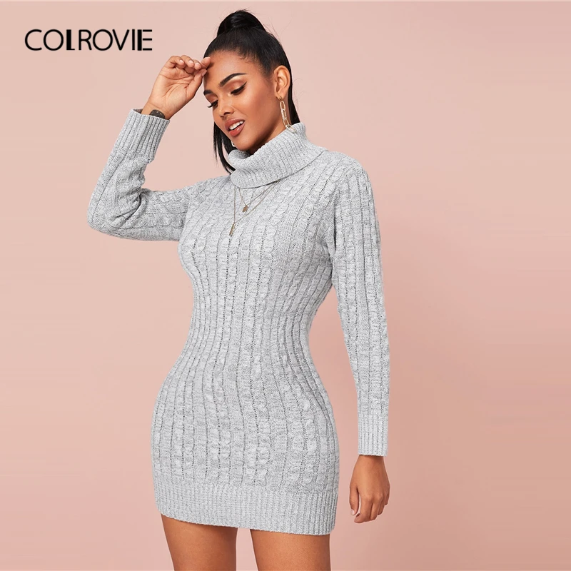 COLROVIE, серый, водолазка, вязаный свитер, платье, женское, элегантное, одноцветное, карандаш, мини платье,, осень, зима, тонкие женские платья