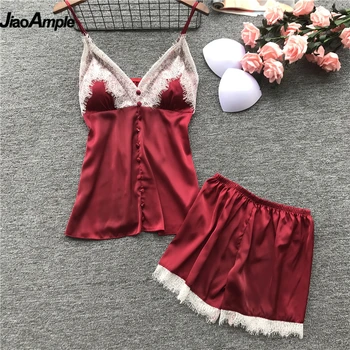 

2020 New Arrival Summer Satin Sleep Lounge Pajama Set Women Sexy V-Neck Lace Sleepwear with Chest Pad Red Sleeveless Nightshirt