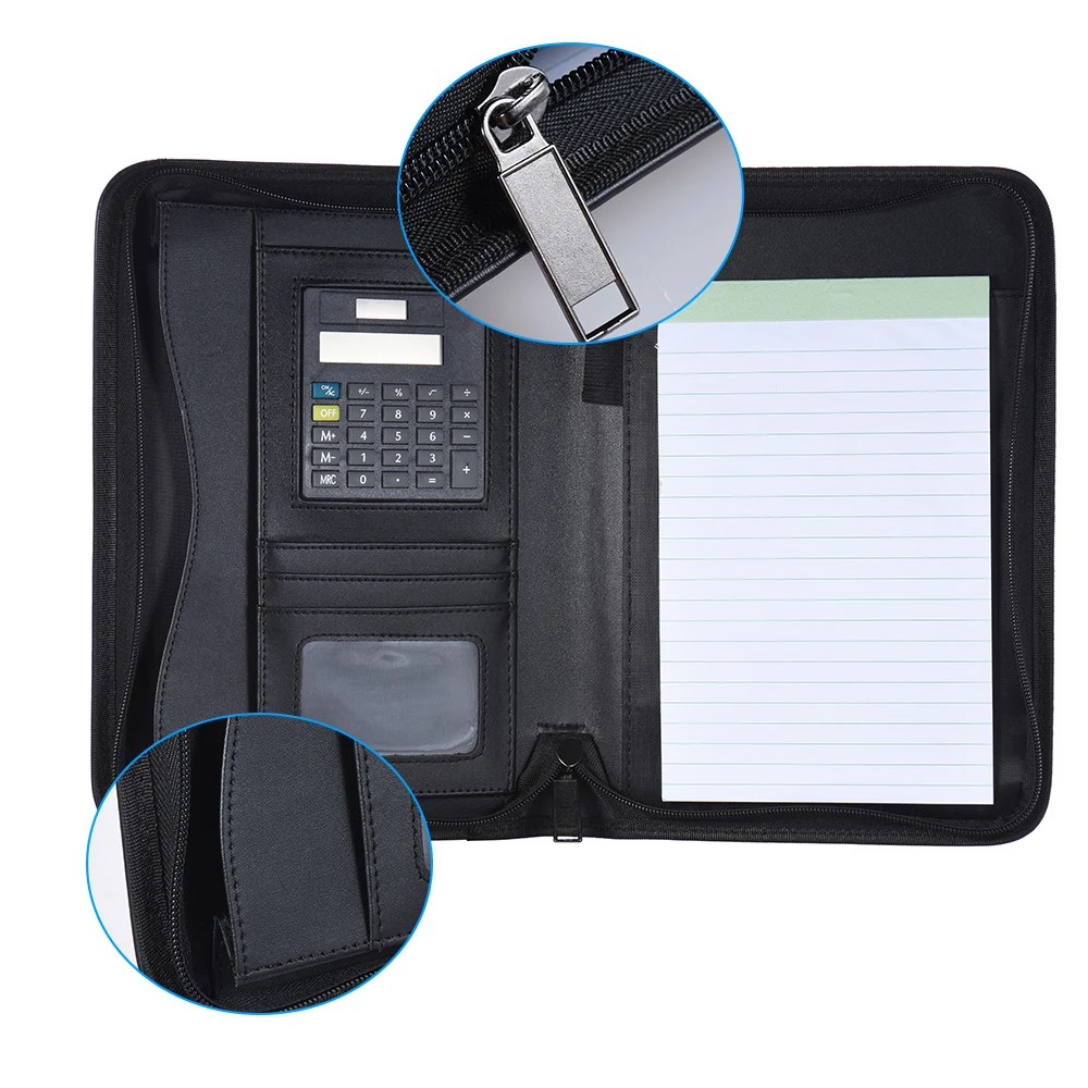 Portable Professional Business Portfolio Padfolio Folder Document Case Organizer A5 PU Leather Zippered Closure with Calculator document bag,leather folder