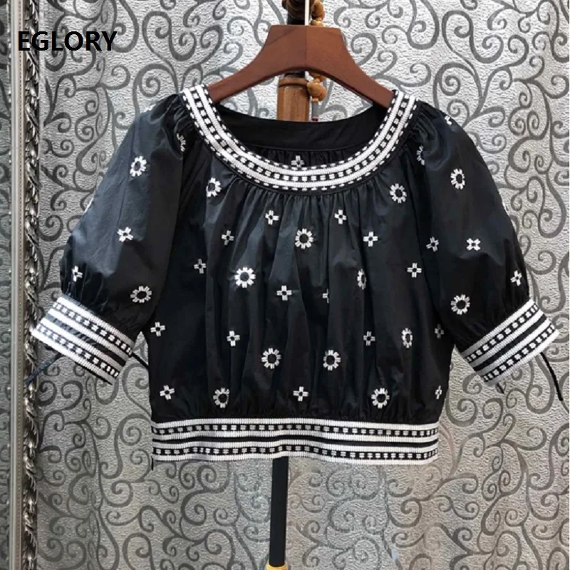 

2020 Spring Summer Fashion Black Yellow Green Tops Women O-Neck Vintage Embroidery Short Sleeve Yellow Green Black Tops Ladies