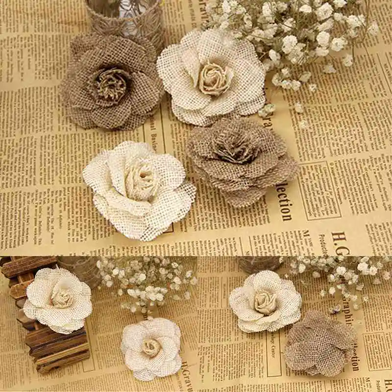 LAPHIL 2/5pcs Handmade Jute Burlap Flower DIY Crafts Vintage Rustic Wedding Decoration Chic Birthday Christmas Party Supplies