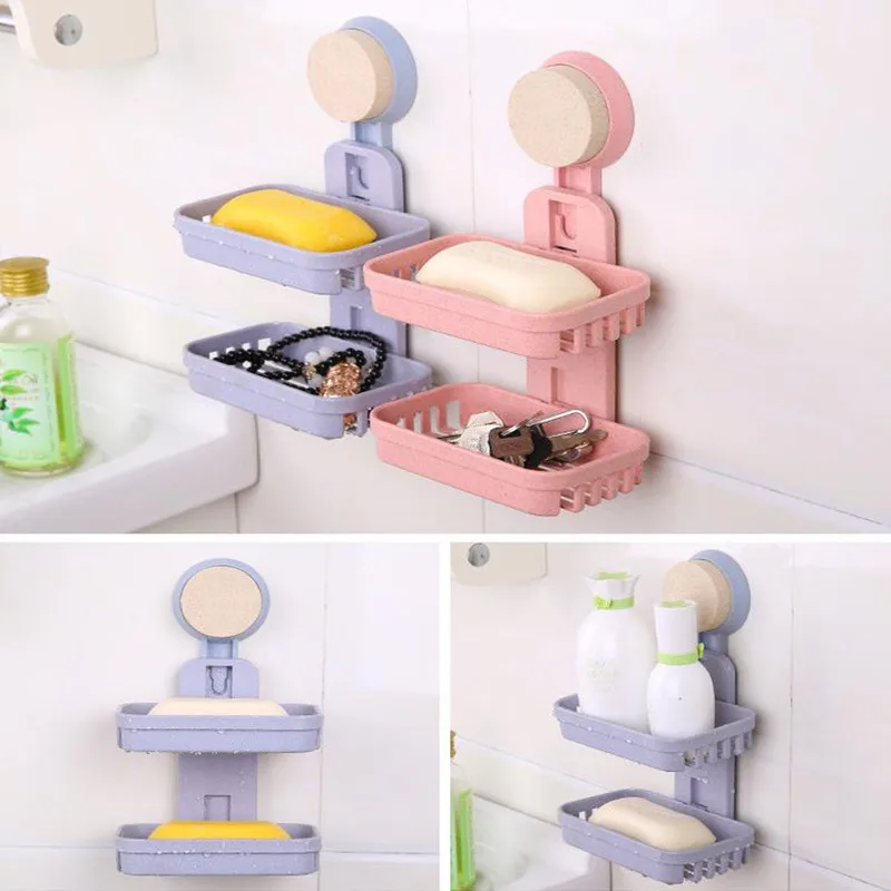 Bathroom Double Layers Soap Box Kitchen Accessories Soap Dish Suction Holder Storage Basket Soap Box Stand Shelf Wall (Random)