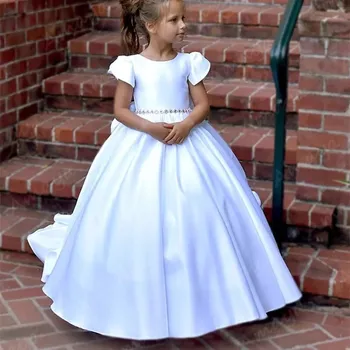 

Amaya White Satin Ball Gown Puffy Pageant Holy Communion Gowns Cap Sleeves Beaded Belt Vestidos Niñas Flower Girl Dresses