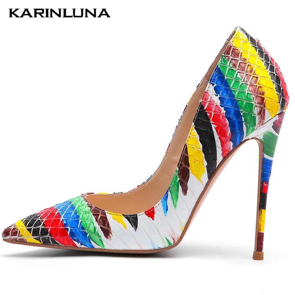 

Karinluna New Customized Plus Size 45 Sexy Thin High Heels Rainbow Print Pointed Toe Slip On Party Women Shoes Woman Pumps