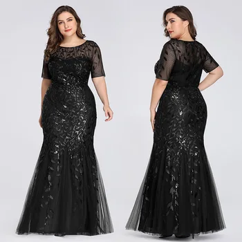 

Plus Size Bridesmaid Sequin Long Dress Pearl Mesh Fish Tail Slim Show Host Wedding Ceremony Dress High Waist Short Sleeve Dress