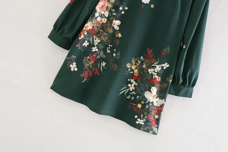 Women vintage stand collar solid color position flower print straight mini Dress ladies long sleeve chic vestidos Dresses DS3037