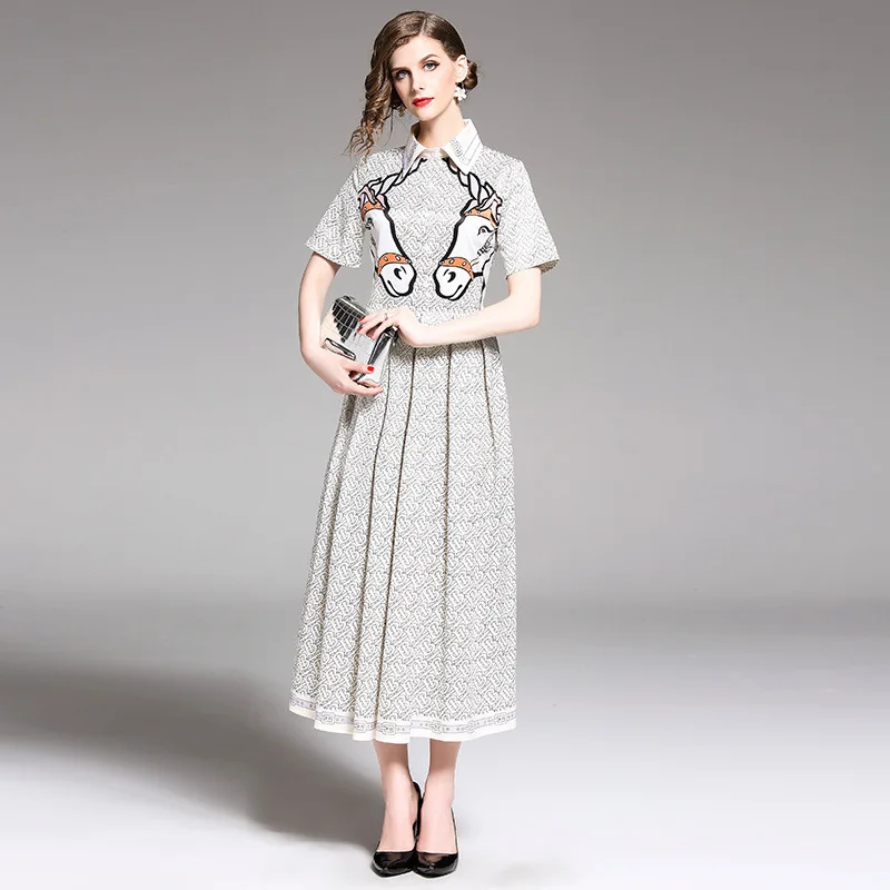 

2019 Summer New Style Europe And America WOMEN'S Dress Blended Fold-down Collar Single Breasted Short Sleeve Waist Hugging Pleat