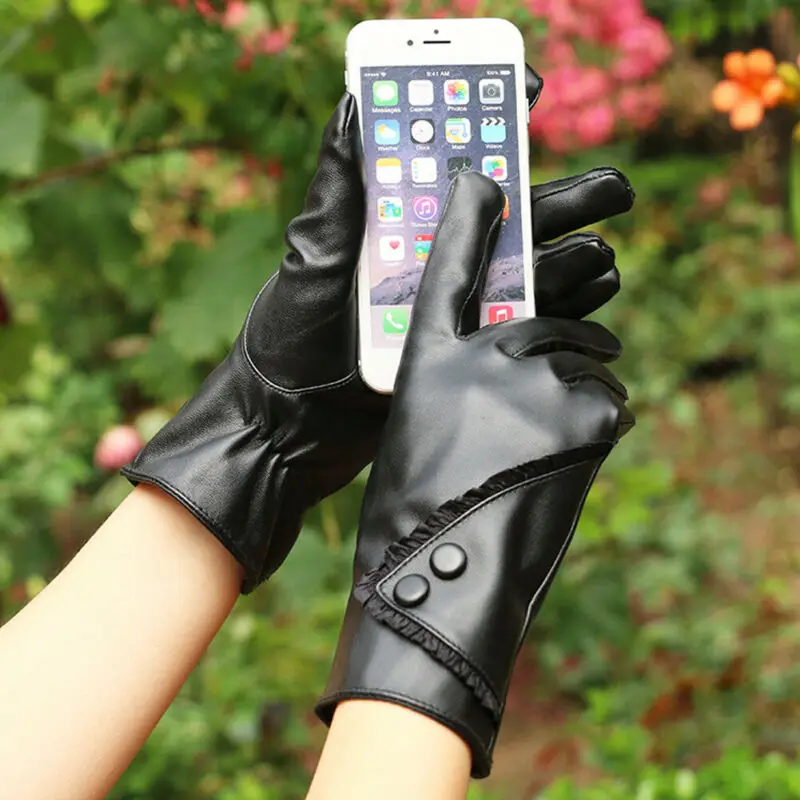 Women Winter PU Gloves Women's Genuine Lambskin Leather Solid Winter Warm Driving Soft Lining