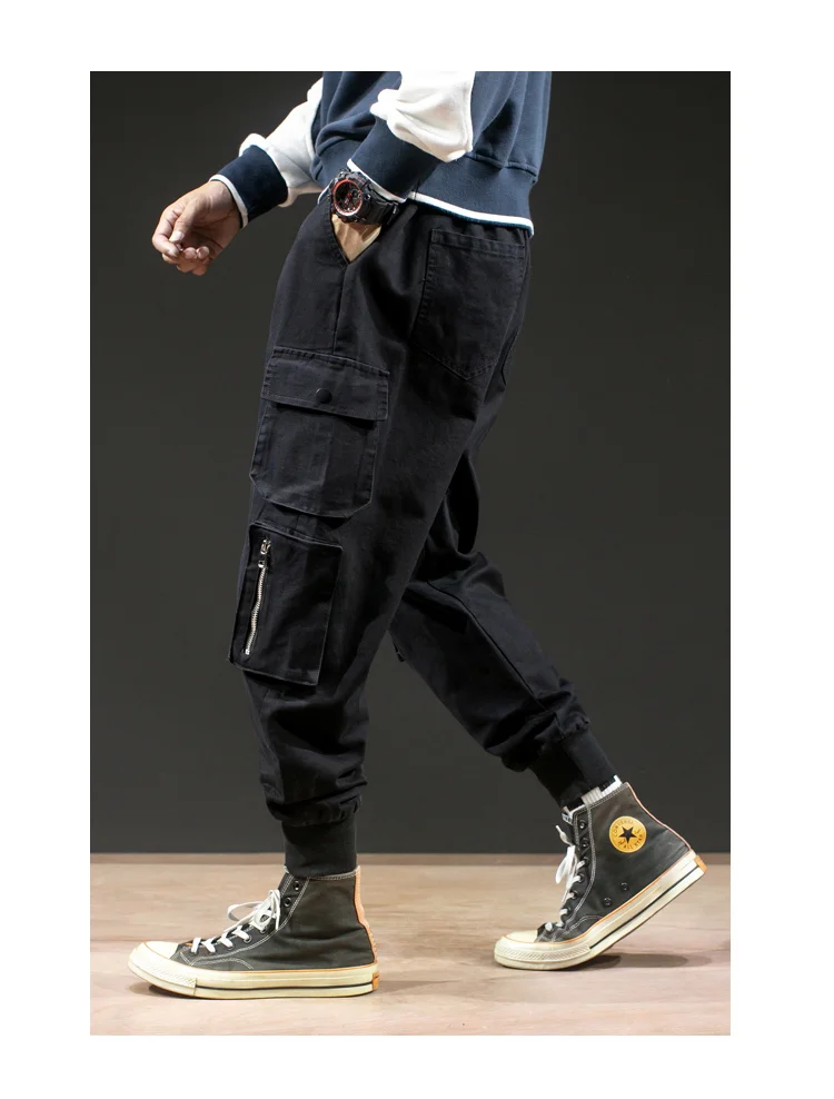 Men's Cargo Pants Cotton Comfortable Drawstring Multi-pocket Joggers Trousers Solid color Beam Foot Cargo Pants Men Autumn