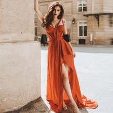

Classic Sleeveless Orange Strapless Corset Evening Dresses Front Slit Dress Sleeveless with Sashes Jersey Robe De Soirée Femme