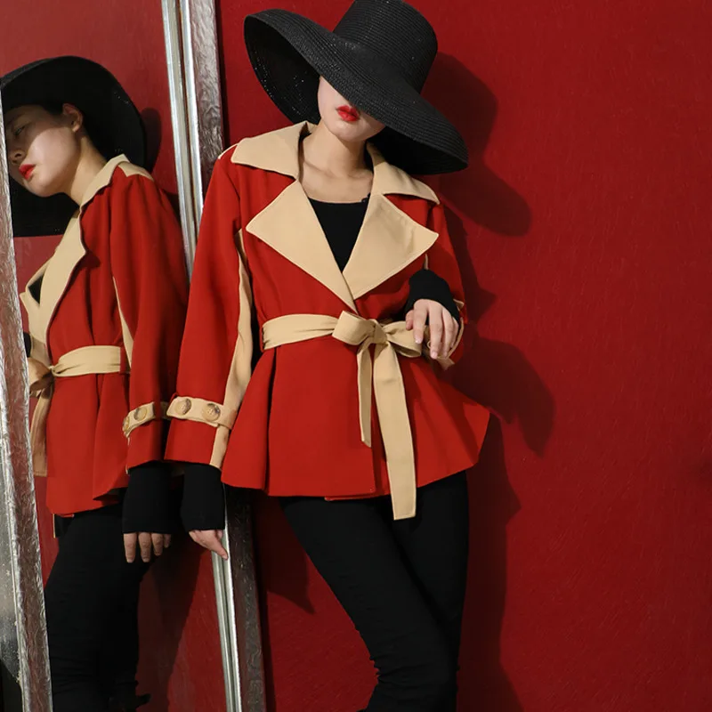 new autumn and winter fashion women clothes turn-down collar full sleeves PU red beige color patchwork high waist Y018