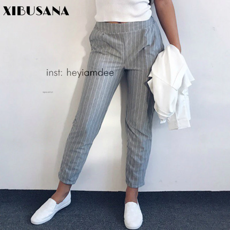 a rayas para mujer, pantalón de chándal informal, holgado, con cintura elástica, estilo Harem, para primavera y verano, 2021|Pantalones y pantalones capri| - AliExpress