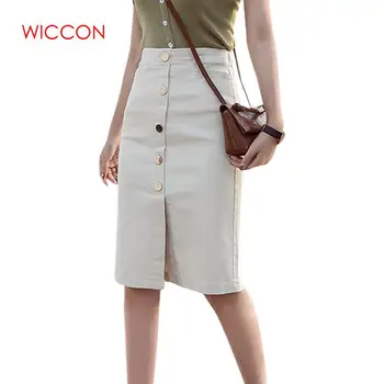 

High Waist Single Breasted Women Jean Skirt Streetwear Skinny Female Pencil Skirt 2020 White Pockets Casual Denim Skirt