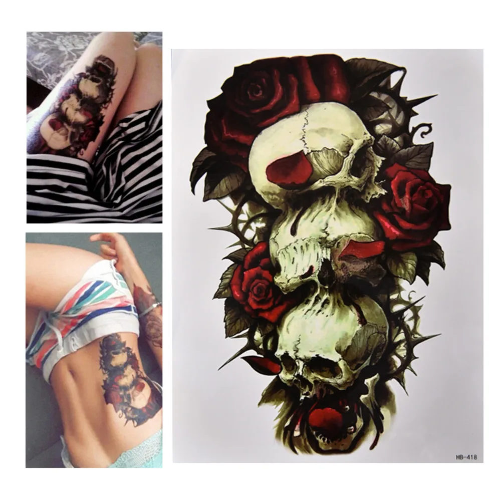 1 лист водонепроницаемый большая рука боди арт татуировки стикер череп и Роза временная татуировка может быть удалена