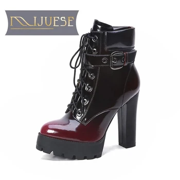 

MLJUESE 2021 women ankle boots soft Split leather winter short plush lace up pointed toe high heels equestrian boots party dress