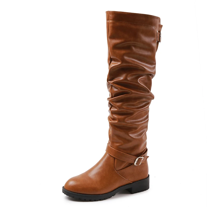 Женские ботинки; сезон весна-осень; ботинки с пряжкой на ремешке; botas; женские эластичные ботинки из искусственной кожи; женские черные сапоги до колена в римском стиле - Цвет: Brown