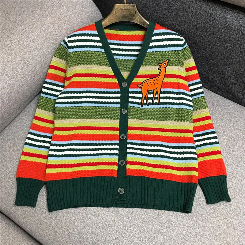 

Luxury Designer Brand Knitted Cardigans for Women British College Style V Neck Deer Colorful Horizontal Stripe Knitted Sweater
