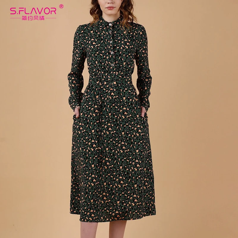 

S.FLAVOR Women Autumn green Leopard Print Dress Long Sleeve Turn Down Collar Button A-Line Dress Single Button Winter Dress