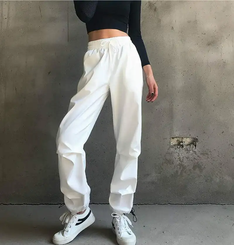 

Women High Waist Casual Sport White Pants Cool Cargo Pants Streetwear Loose Girls Punk Black White Female Trousers
