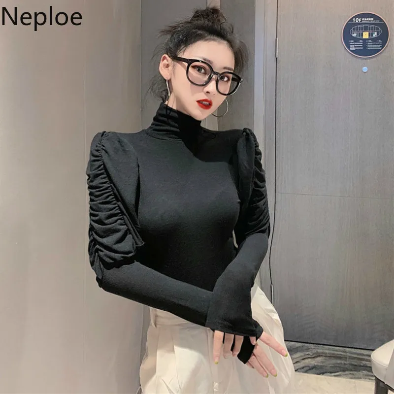 Neploe, водолазка, однотонная, плиссированная, с длинным рукавом, нижняя футболка, модная, облегающая, осень-весна, новинка, футболки, мягкий, дикий женский топ