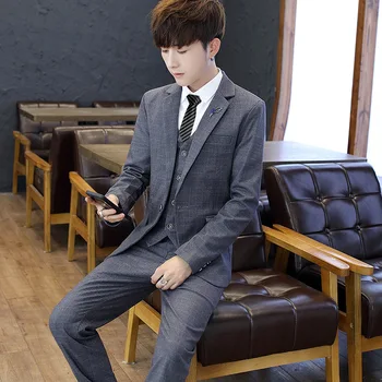 

HOO 2019 men's three young checked dress casual and comfortable suit