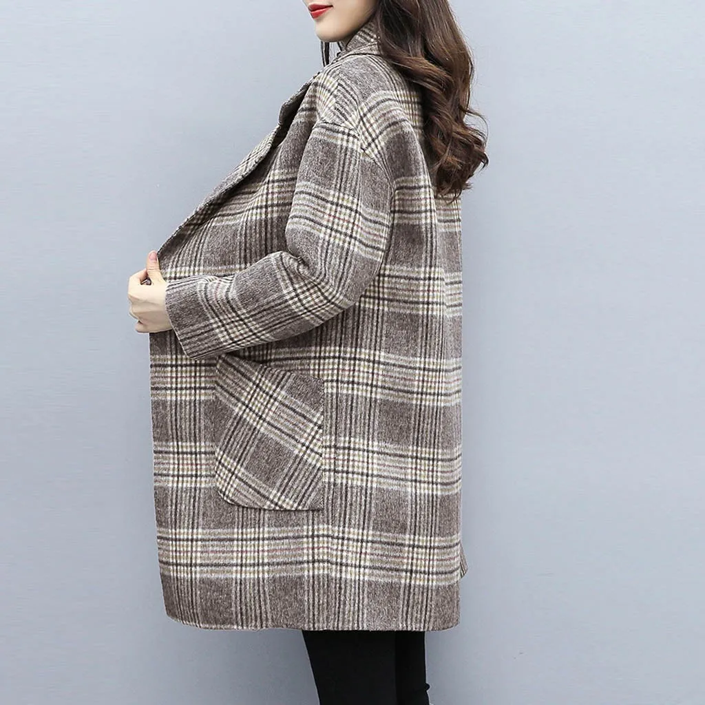 Женское клетчатое пальто, винтажное повседневное зимнее офисное шерстяное пальто с длинным рукавом и карманом на пуговицах manteau femme