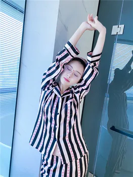 

New ice and snow silk pajamas women's long sleeves in spring and summer Japanese sweet stripe pajamas ins net red home clothes c