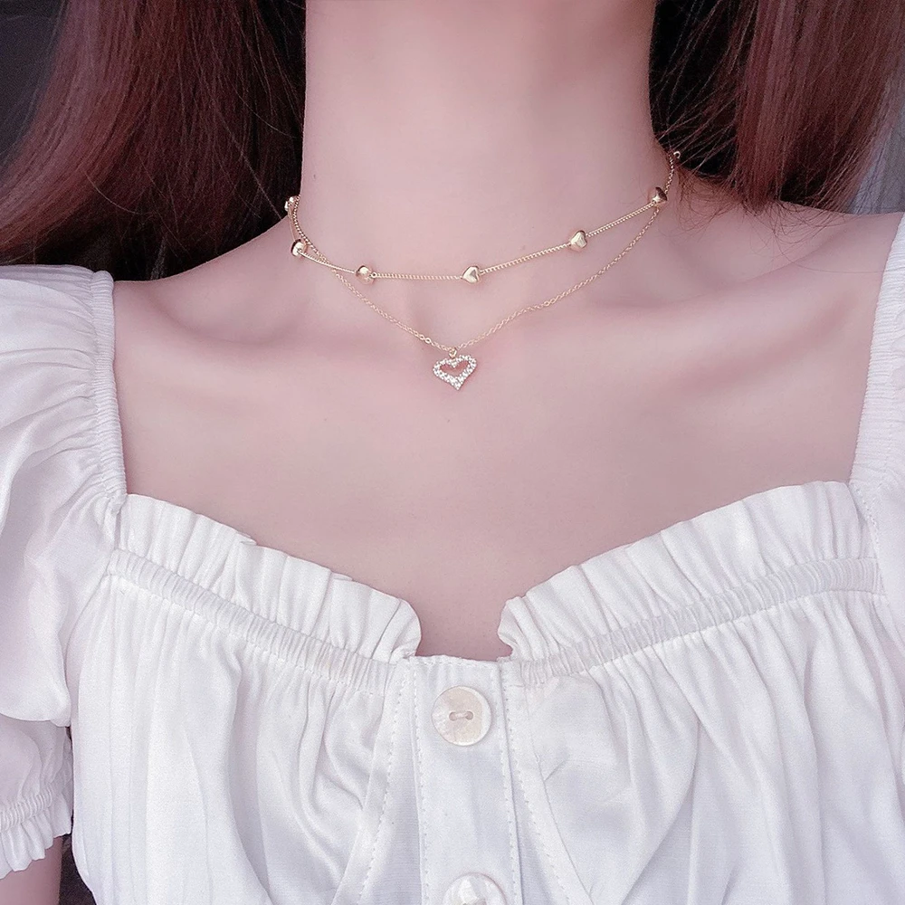 Gold Color Double Layer Heart Necklace Shining Bling AAA Z ~ Gold Color Double Layer Heart Necklace Shining Bling AAA Z ~