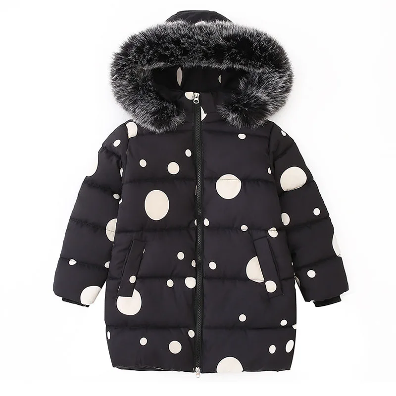 

thick warm winter padded jacket for girls polka dot long coat thicken parkas big fur hooded outerwear fashion children clothing