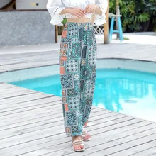 Women Rayon Summer Beach Floral Print Loose Pants Girls High Waist Fashion Casual Pants Elastic Breathable Soft Long Trousers