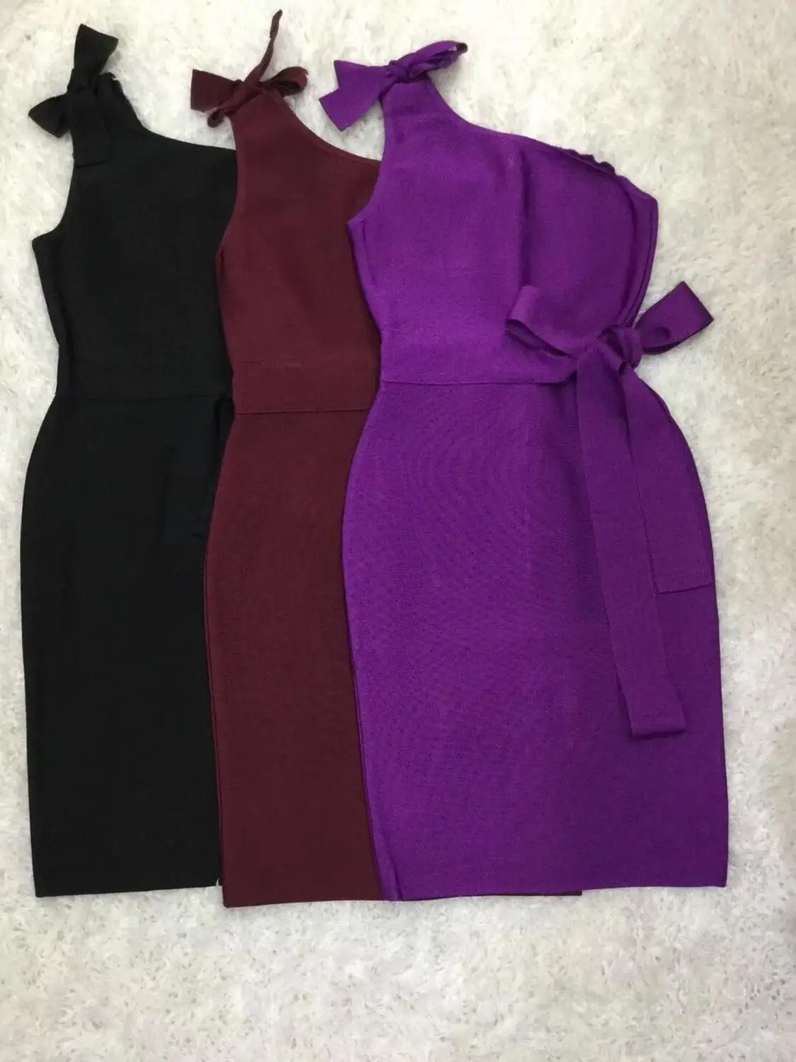 

2019 new arrival black wine red purple one shoulder with bows good quality rayon bandage dress evening party dress wholesale