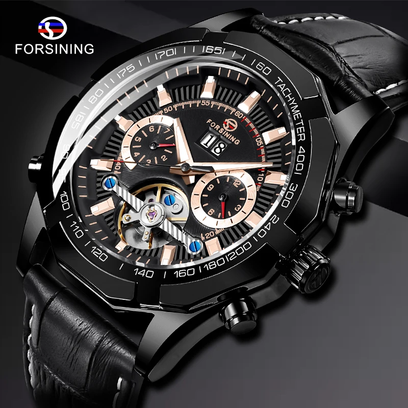 

Forsining Black Leather Strap Mens Fashion Calendar Display Tourbillion Design Business Watch Top Brand Luxury Automatic Watch