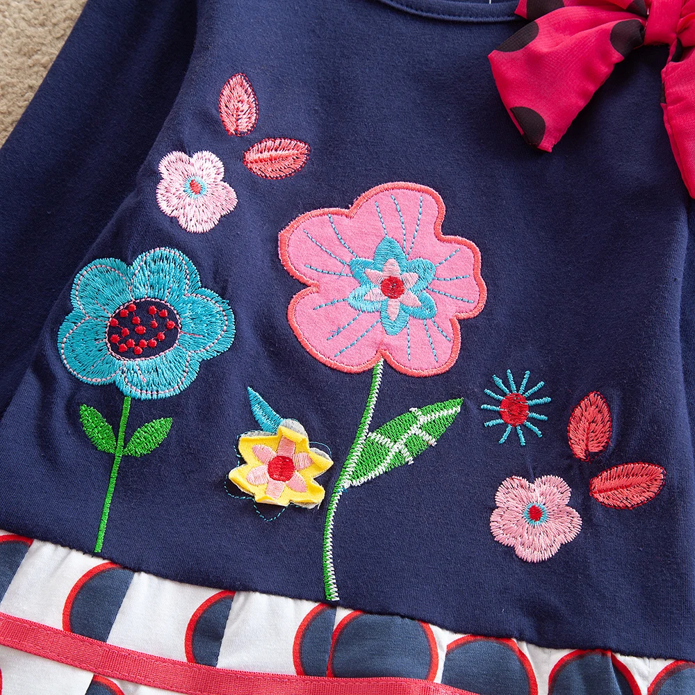JUXINSU/Хлопковое платье с длинными рукавами и цветочной вышивкой для девочек повседневные платья с бантом для девочек на осень и зиму, От 1 до 8 лет