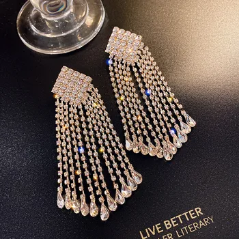 

FYUAN Long Tassel Water Drop Crystal Drop Earrings for Women Shiny Geometric Rhinestone Dangle Earrings Fashion Jewelry Gifts
