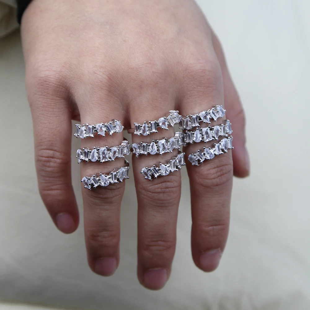 Серебряное, белое, фианит, сверкающее, блестящее, женское ювелирное тройное кольцо, покрытое льдом, кольцо на палец для женщин