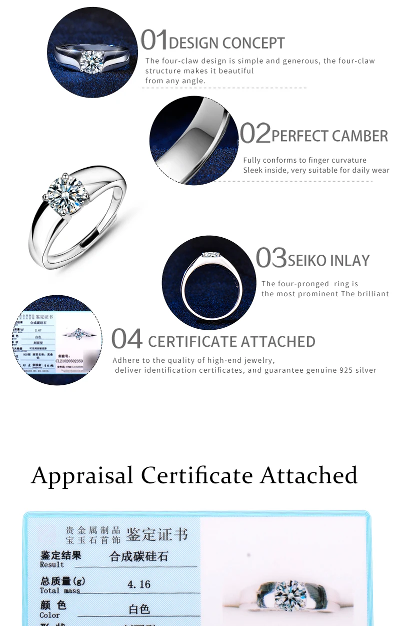 2021 Classic 1CT men's  925 sterling Silver Moissanite Ring Diamond Jewelry for Men,gifts for Men Uxury Jewelry