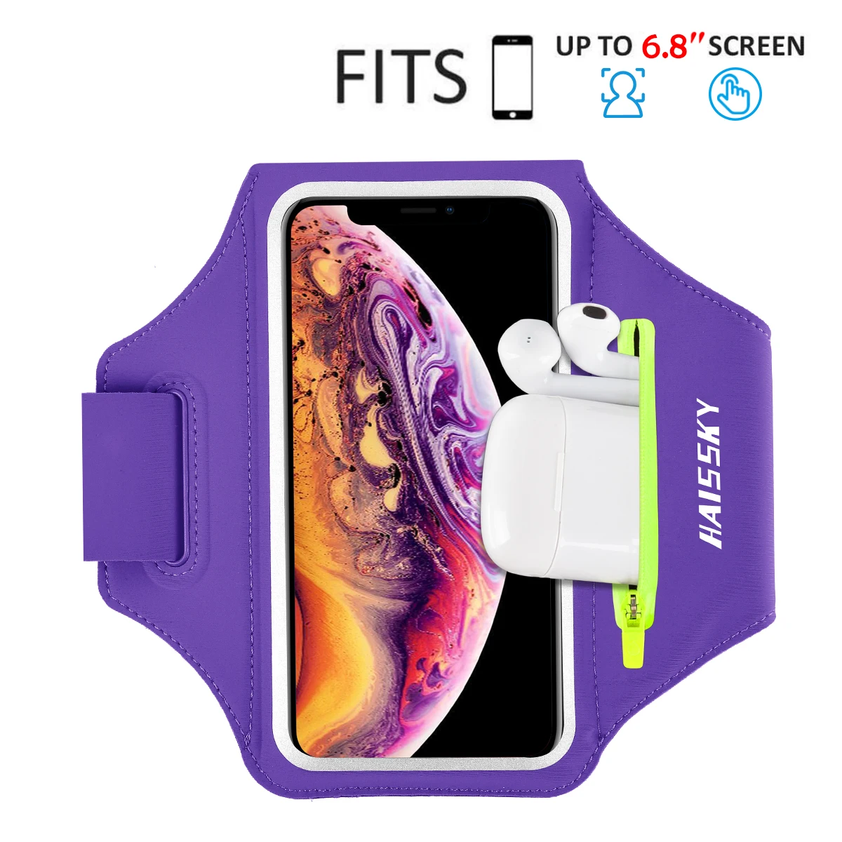 Purple Running Armband with Airpods Zipper Pocket Cell Phone Armband Holder Water Resistant Sports Gym Case with Touchscreen Fits for iPhone 11 Pro Max/11 Pro/XR/XS Max for Galaxy S30/S20 
