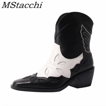 

Mstacchi Printing All-leather Retro Colour Mixture Women Western 2020 New Designer Square Toe Platform Ladies Short Boots Gothic