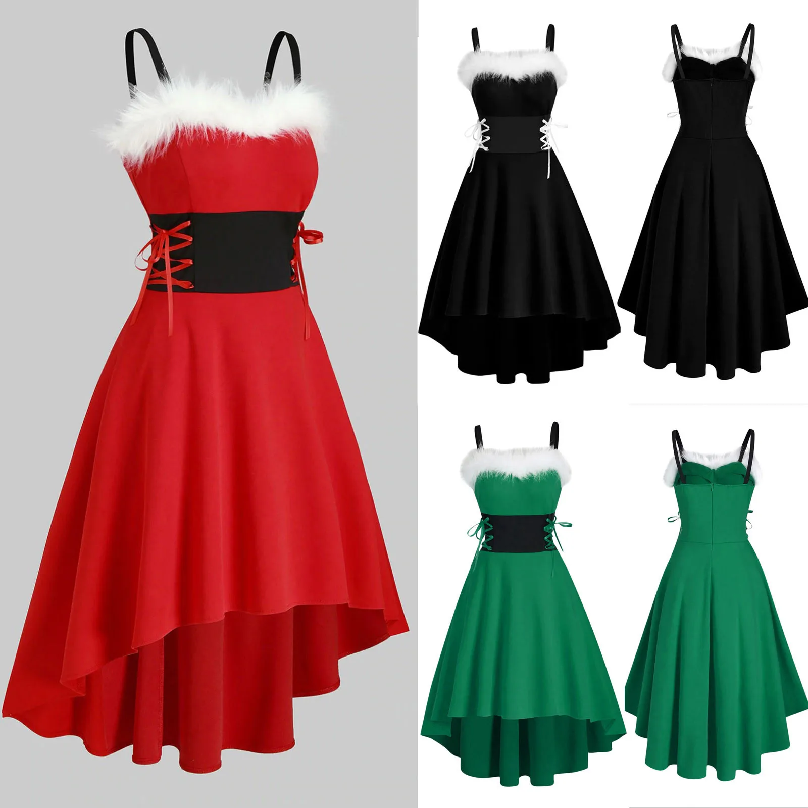 

Women Winter Fall Christmas Spaghetti Strap Dress Off Shoulder Autumn LadiesFashion Lace Up Party Chic Knee-Length Midi Dress