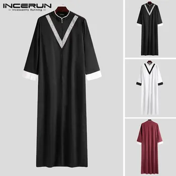 

Men Muslim Kaftan Robes Long Sleeve Patchwork Long Robes Casual Loose Jubba Thobe Stand Collar Casual Indian Clothes Plus Size