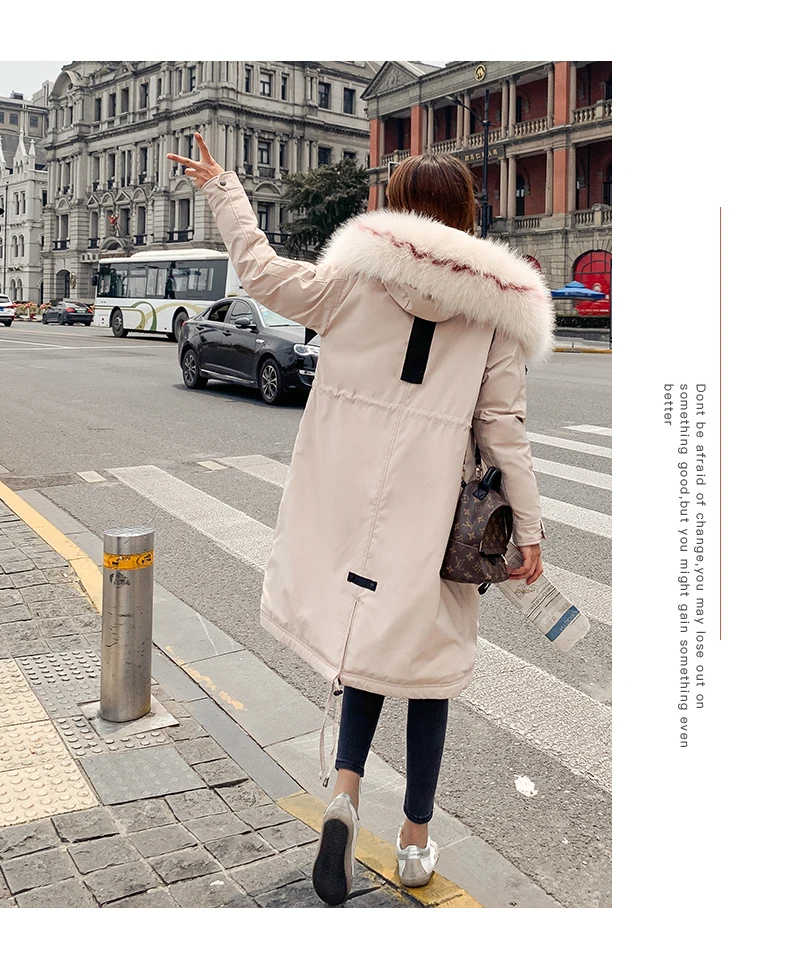 Длинные толстые парки для женщин зима Новая модная Свободная куртка с капюшоном большой меховой воротник пальто на молнии Женская теплая верхняя одежда с карманом