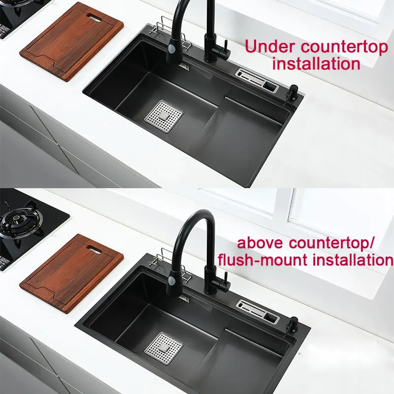 Black High and low sink kitchen sink With knife holder vegetable washing basin With cutting board stainless steel pia black